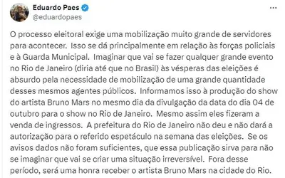 Eduardo Paes diz que não dará autorização para show de Bruno Mars no Rio devido à proximidade com eleições